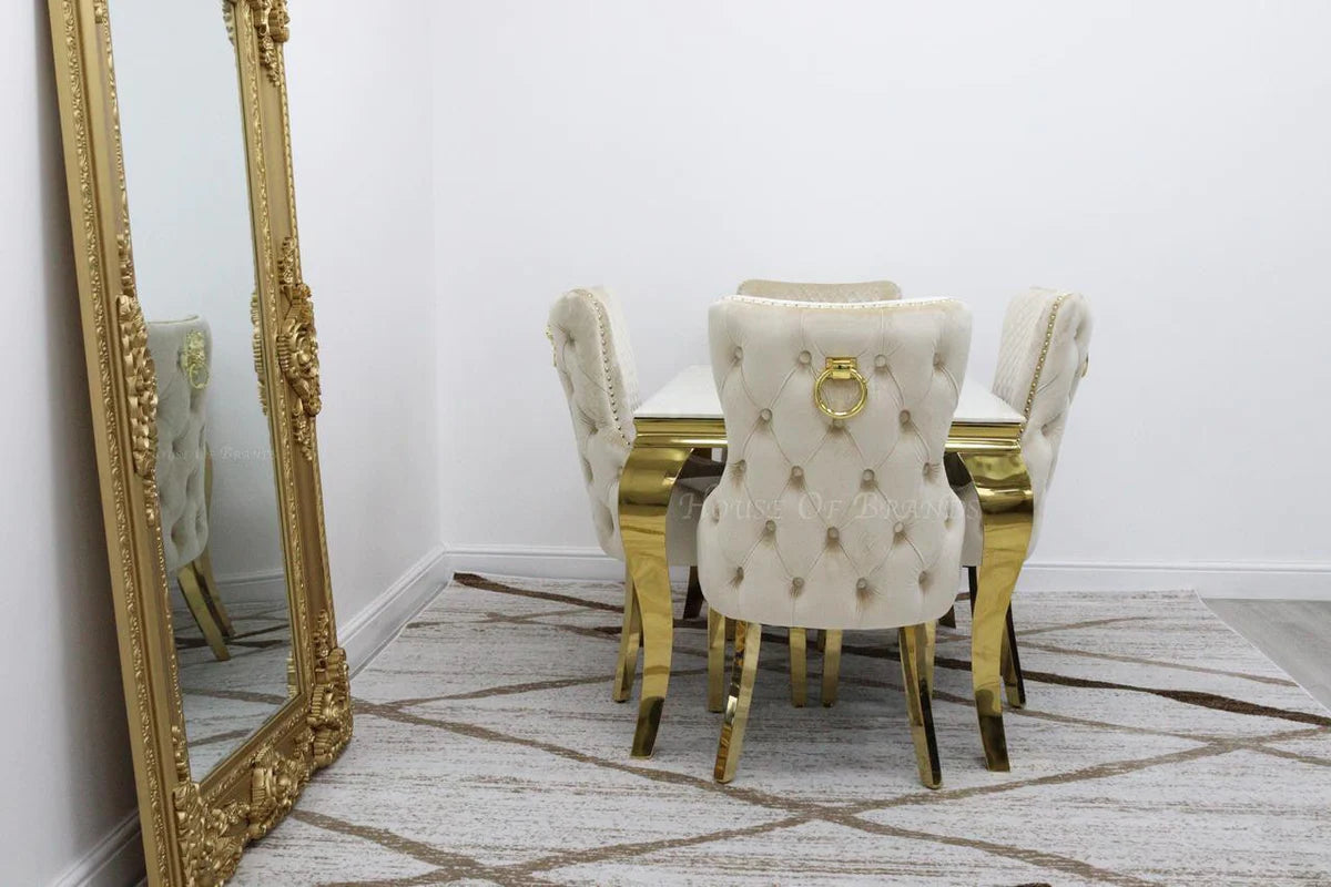 100cm White & Gold Louis Marble Dining Table with 4 Victoria Knockerback Chairs