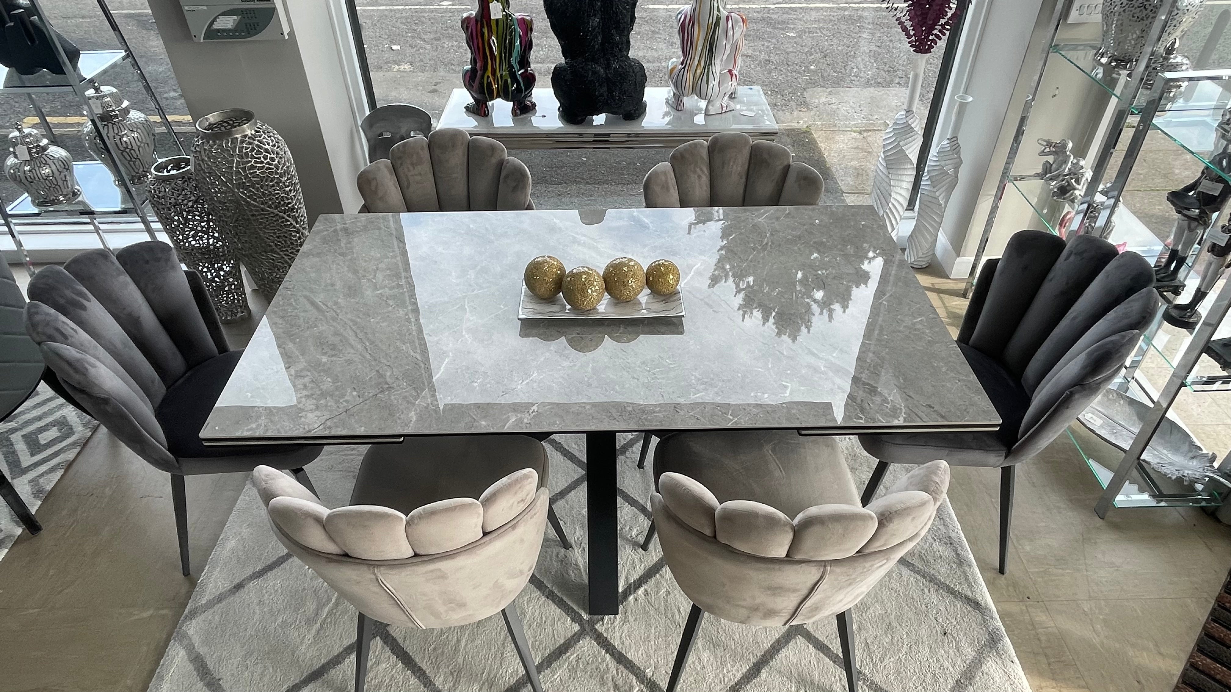 Phoenix Extendable Ceramic Dining Table and 6 Grey Ferrano Fabric Swivel Dining Chairs