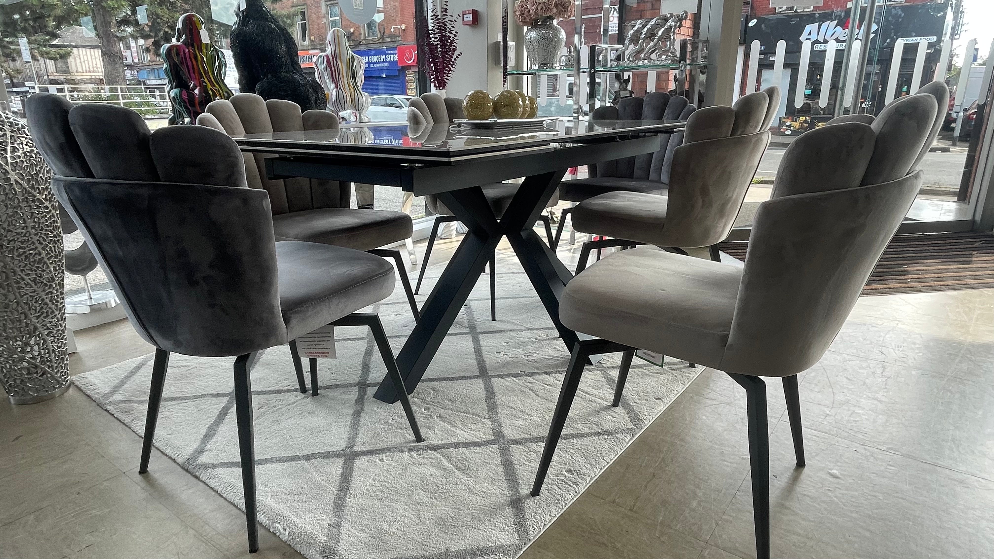 Phoenix Extendable Ceramic Dining Table and 6 Grey Ferrano Fabric Swivel Dining Chairs