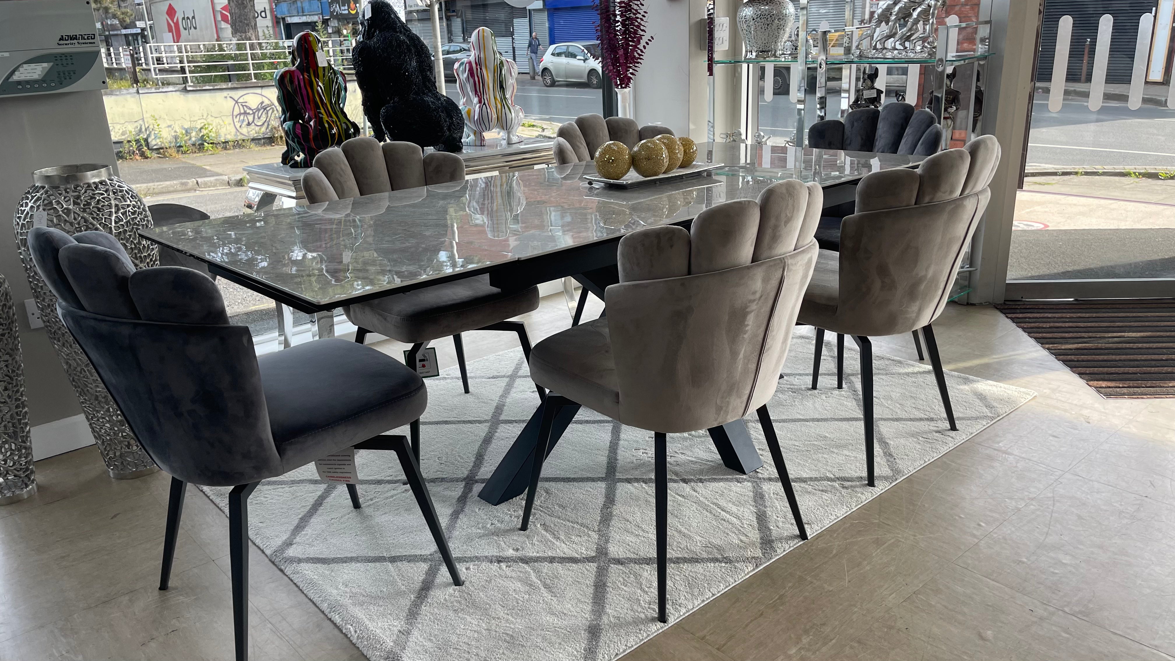 Phoenix Extendable Ceramic Dining Table and 6 Grey Ferrano Fabric Swivel Dining Chairs