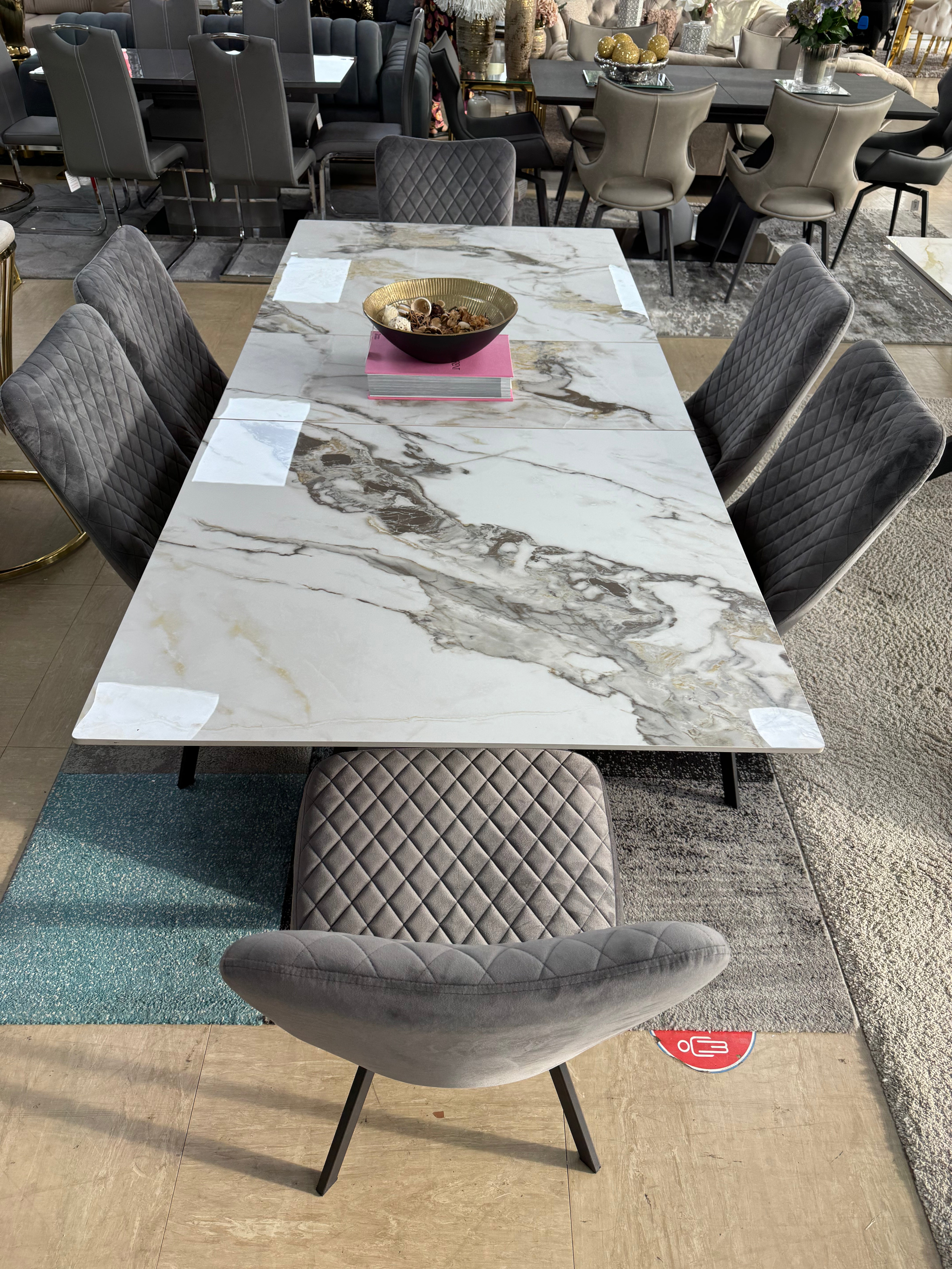 Chicago 160-200cm Cream Gold Ceramic Extendable Dining Table with 6 Moscow Chairs