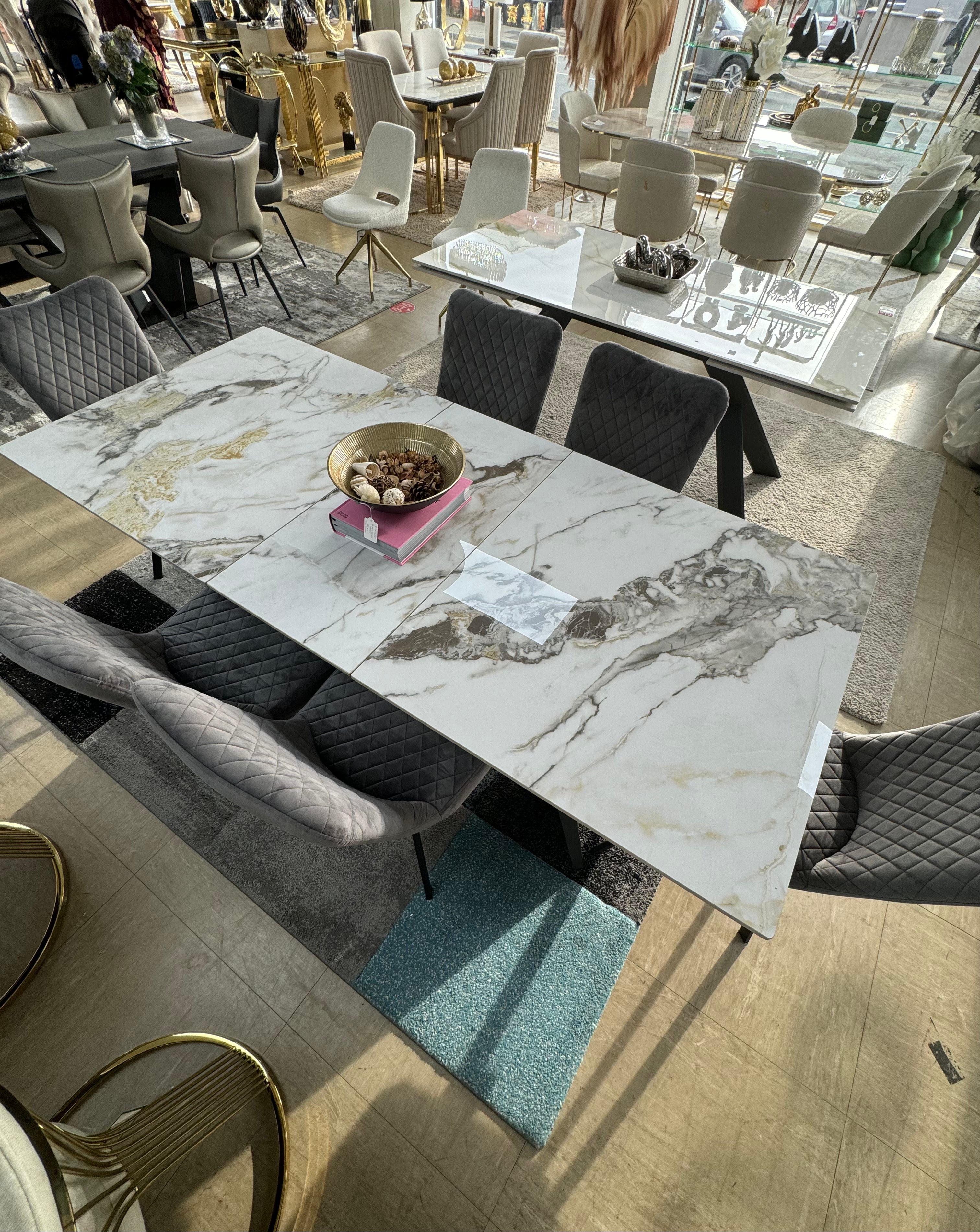 Chicago 160-200cm Cream Gold Ceramic Extendable Dining Table with 6 Moscow Chairs