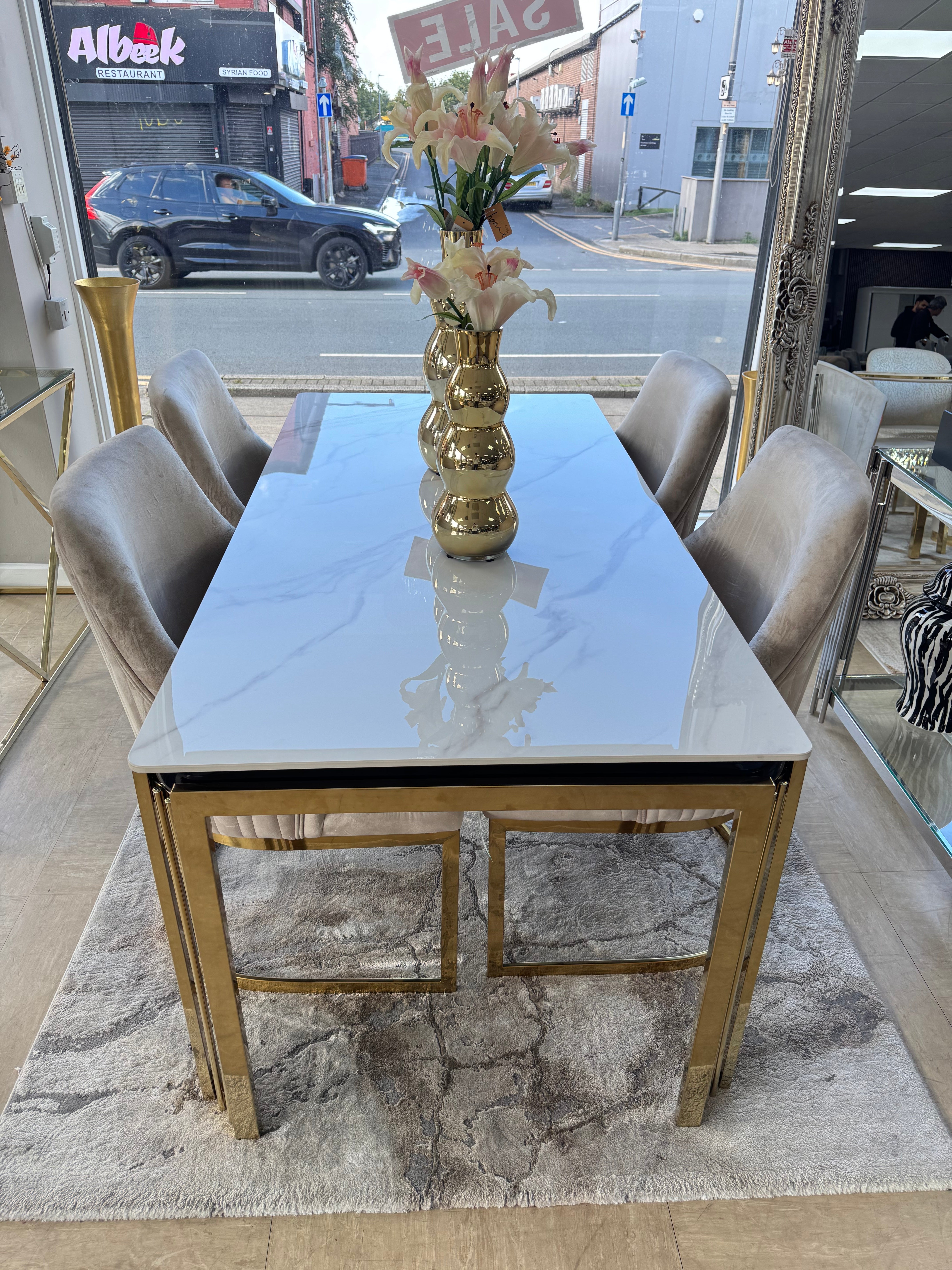 180cm Sorrento Rectangle Gold Ceramic Dining Table and Gold Chelmsford Dining Chairs