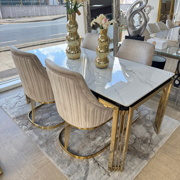 150cm Sorrento Rectangle Gold Ceramic Dining Table and Gold Chelmsford Dining Chairs