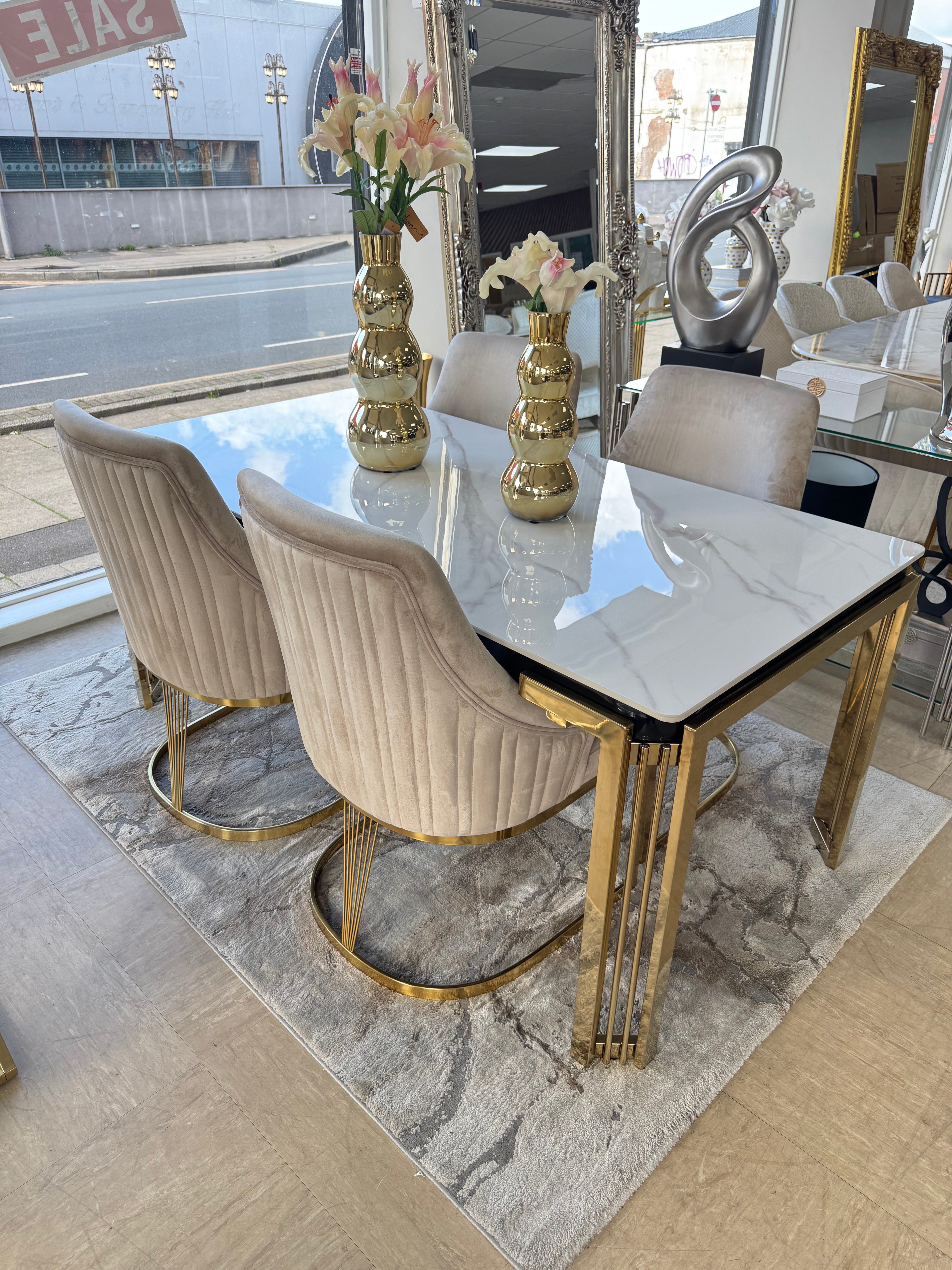 180cm Sorrento Rectangle Gold Ceramic Dining Table and Gold Chelmsford Dining Chairs