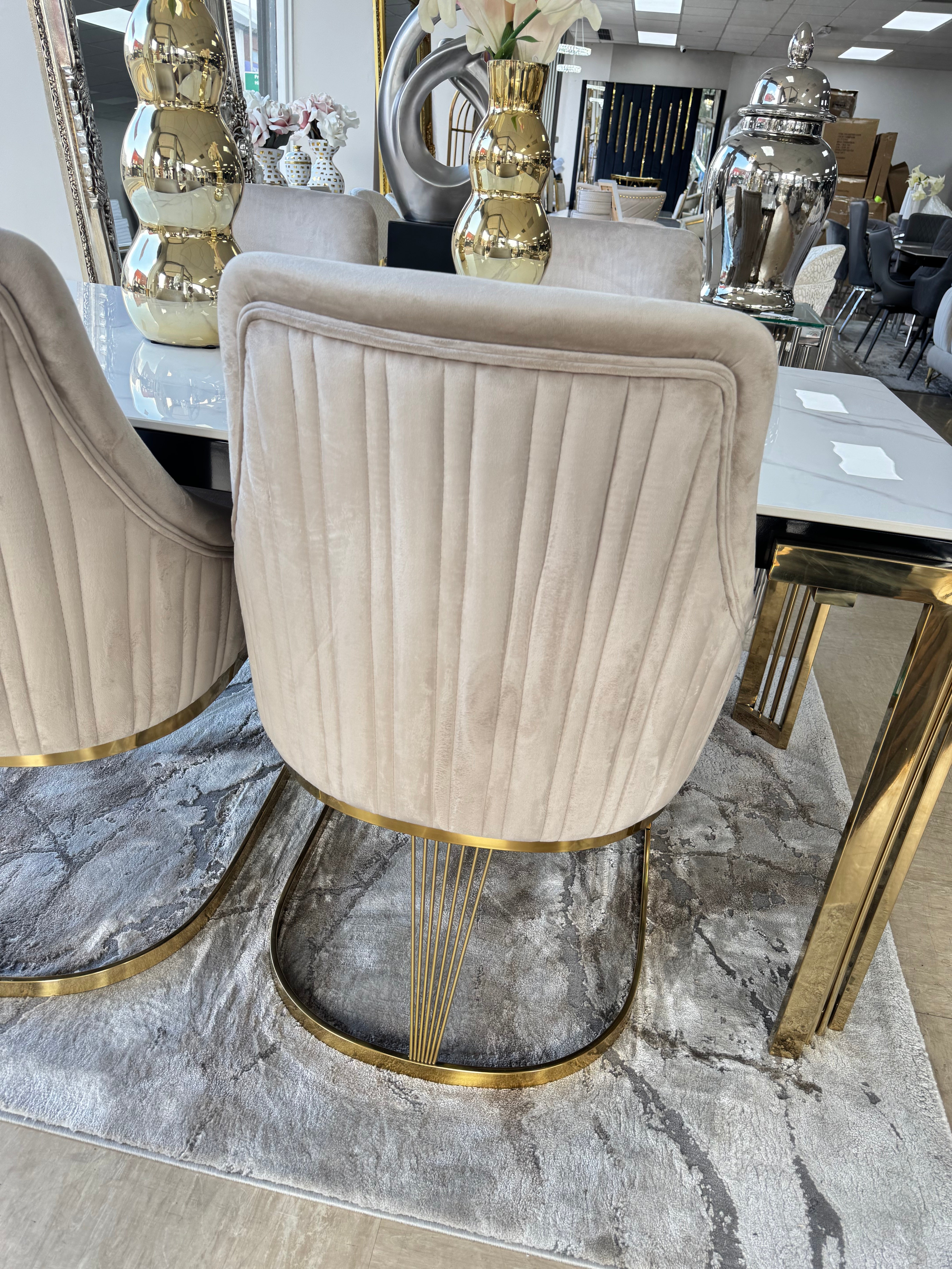 180cm Sorrento Rectangle Gold Ceramic Dining Table and Gold Chelmsford Dining Chairs
