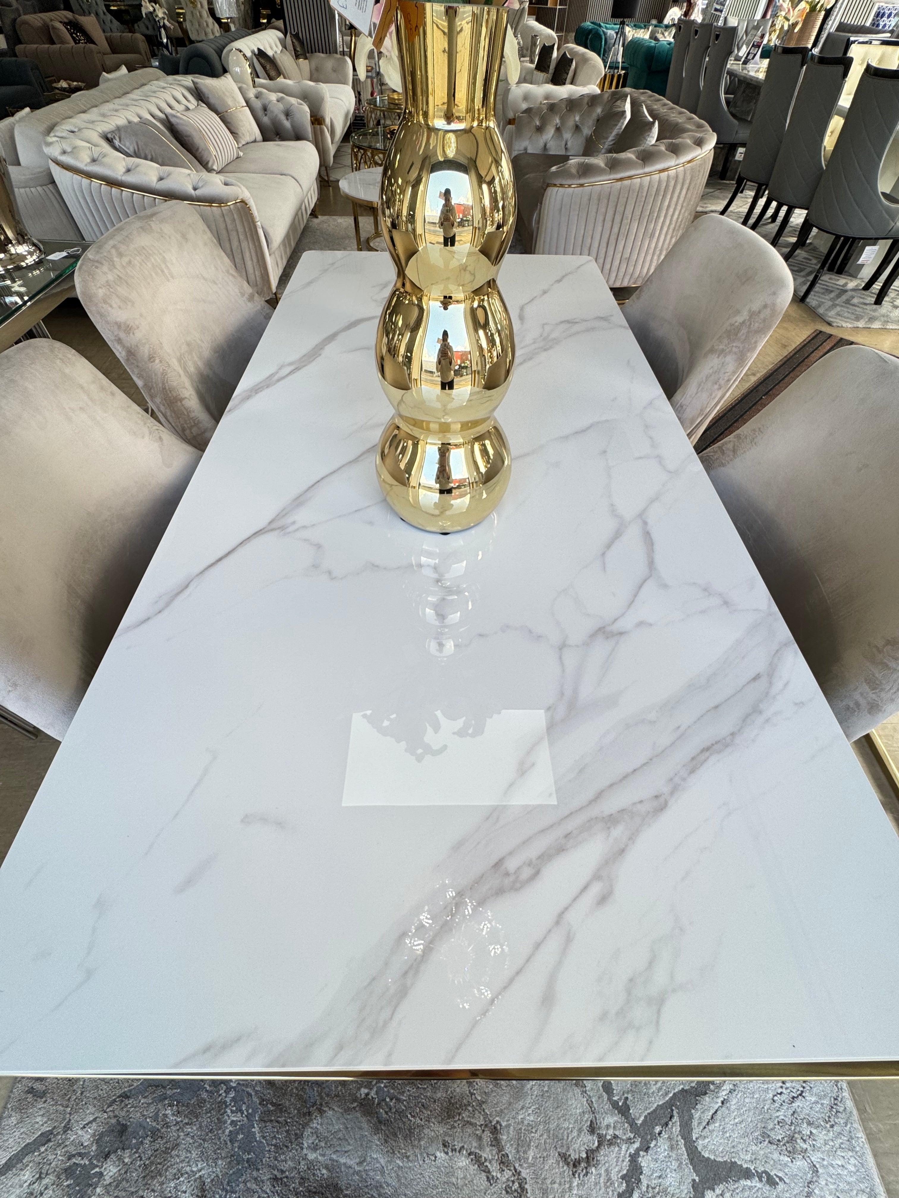 180cm Sorrento Rectangle Gold Ceramic Dining Table and Gold Chelmsford Dining Chairs