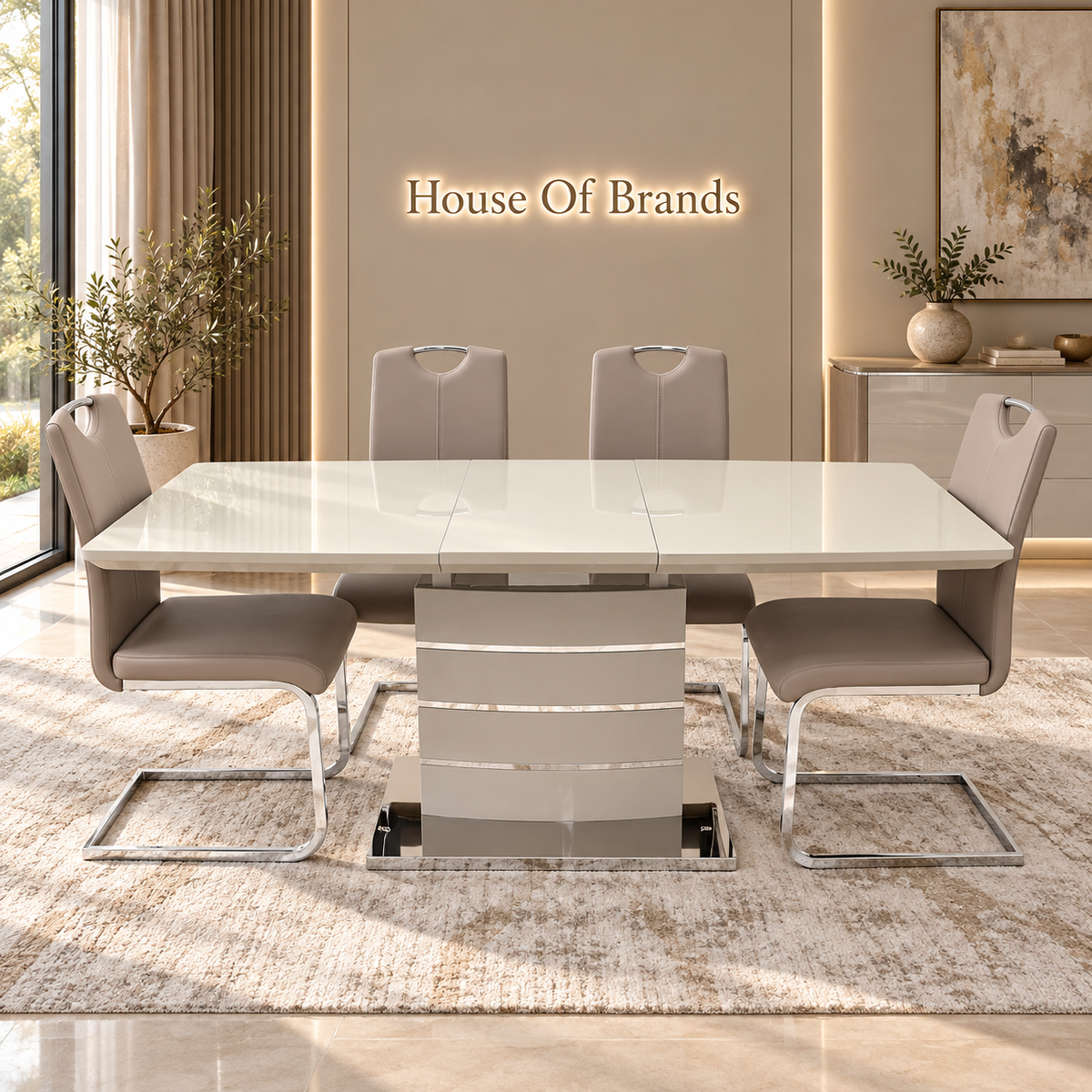Beige Milan Extendable Dining Table with 6 Beige Milan Leather Chairs