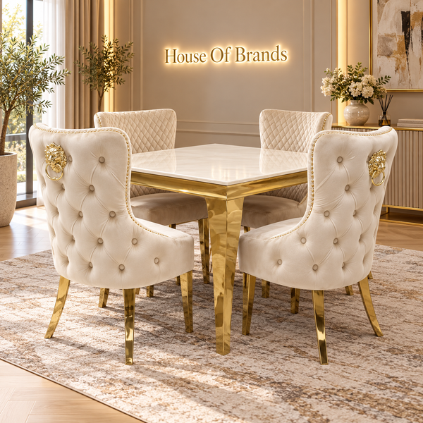 120cm Gold Louis Marble Dining Table with 4 Victoria Gold Knockerback Chairs