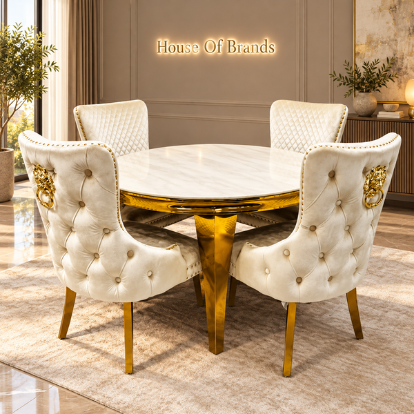 110cm Round Cream Gold Louis Marble Dining Table and 4 Cream and Gold Chairs
