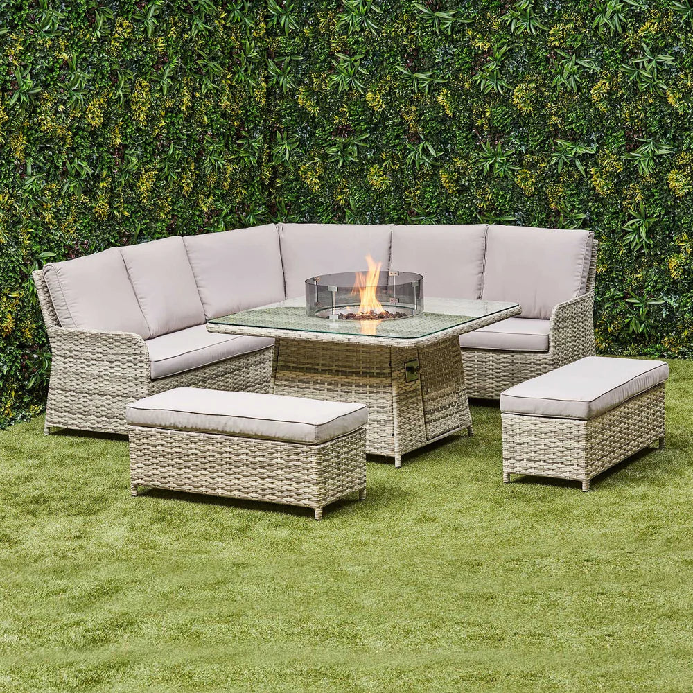 Lola Rattan Corner Dining Set with Fire Pit – Beige