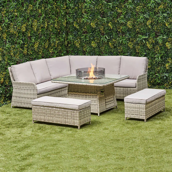 Lola Rattan Corner Dining Set with Fire Pit – Beige