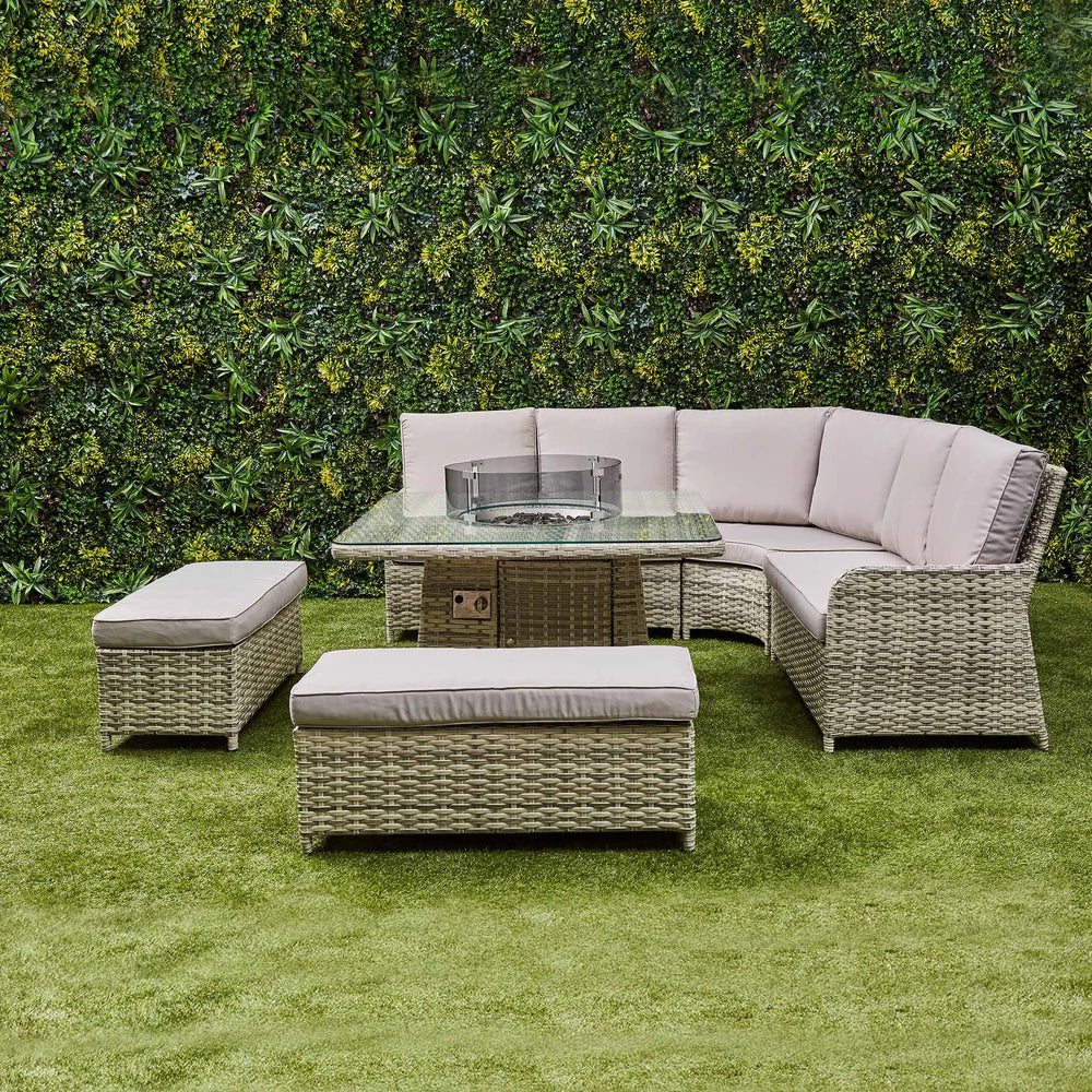 Lola Rattan Corner Dining Set with Fire Pit – Beige