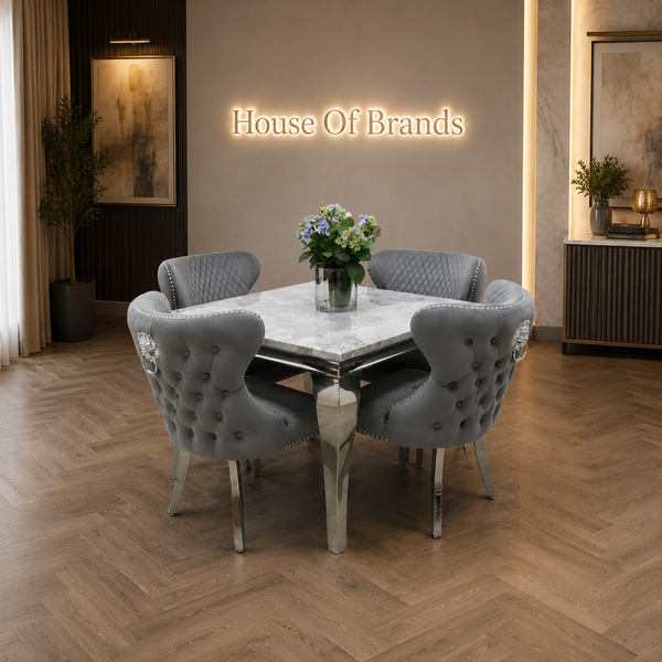 100cm Louis Marble Dining Table with 4 Valentino Velvet Knockerback Chairs