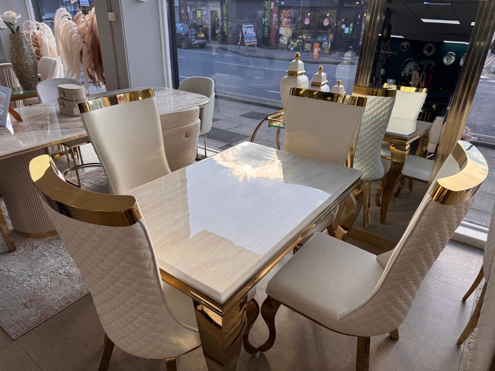 120cm Louis Cream & Gold Dining Table with 4 Samara Cream & Gold Chairs
