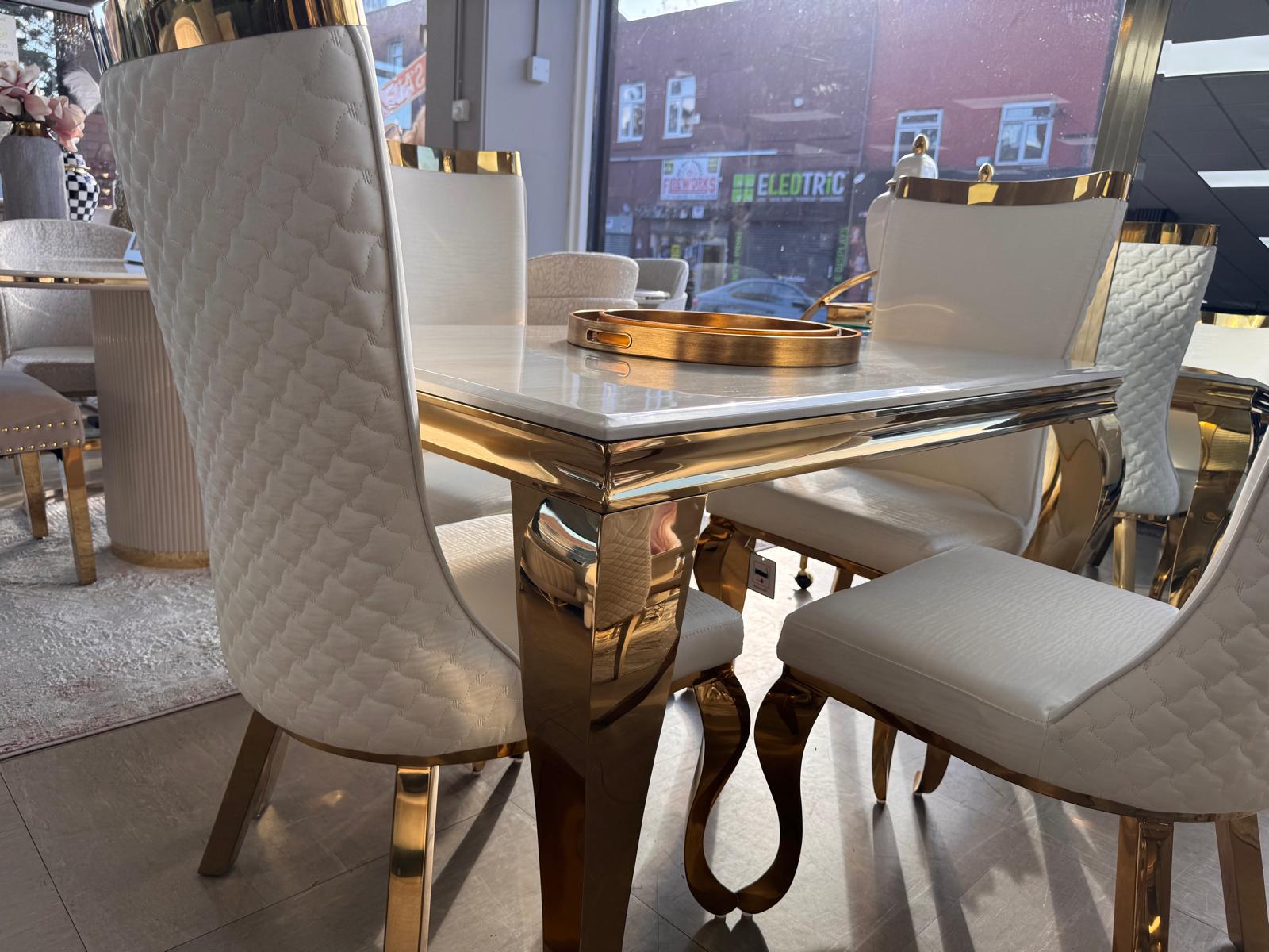 120cm Louis Cream & Gold Dining Table with 4 Samara Cream & Gold Chairs