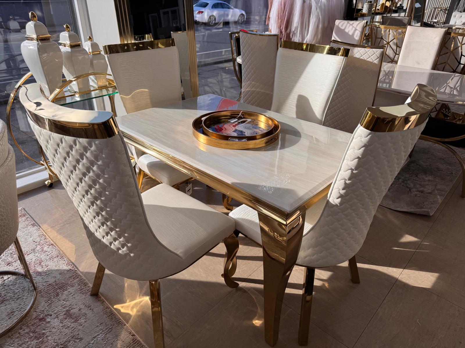 120cm Louis Cream & Gold Dining Table with 4 Samara Cream & Gold Chairs