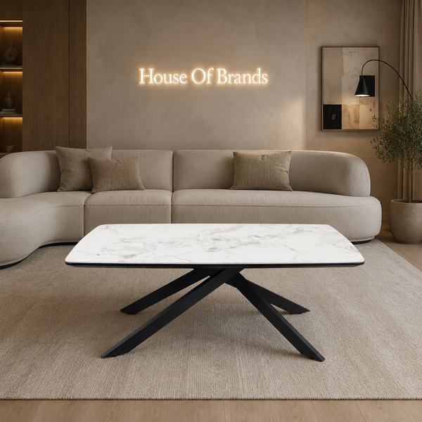 Luna 110cm White Ceramic Coffee Table | Black Legs