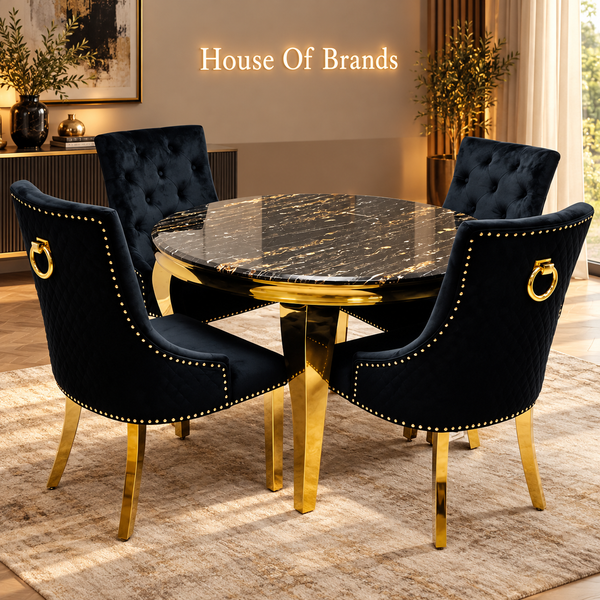 110cm Round Black Gold Louis Marble Dining Table and 4 Black and Gold Chairs