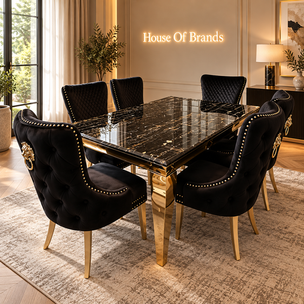 Black & Gold Louis Marble Dining Table & Black Victoria Knockerback Chairs