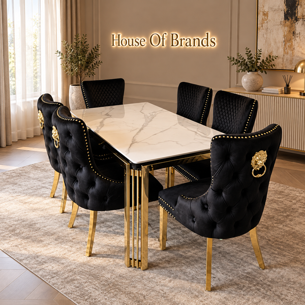 150cm Sorrento Rectangle Gold Ceramic Dining Table & Black and Gold Victoria Knockerback Dining Chairs