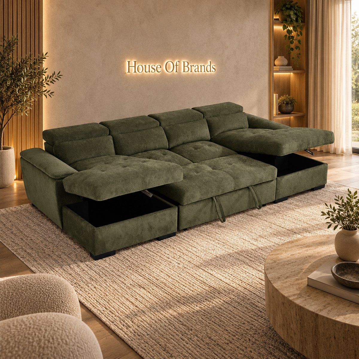 Luna Green Large U Shape Sofa Bed with Storage