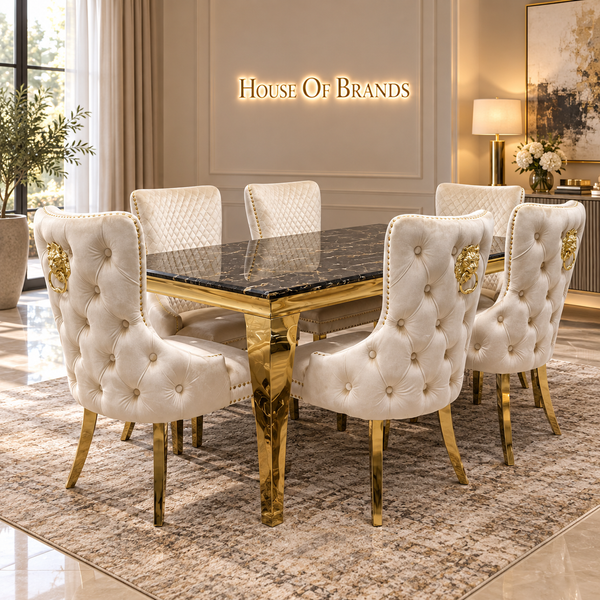 Gold Louis Marble Dining Table and Cream Victoria Gold Knockerback Velvet Chairs