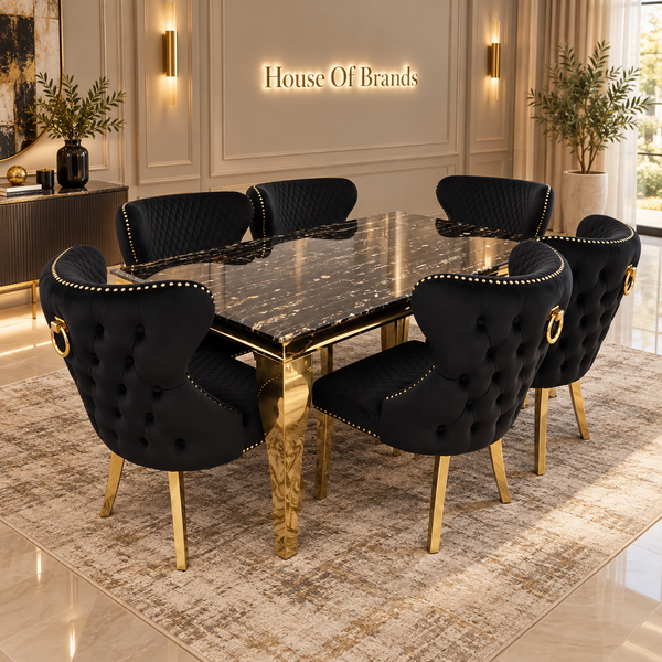 160cm Black and Gold Louis Marble Dining Table with Black and Gold Ring Knockerback Valentino Velvet Chairs