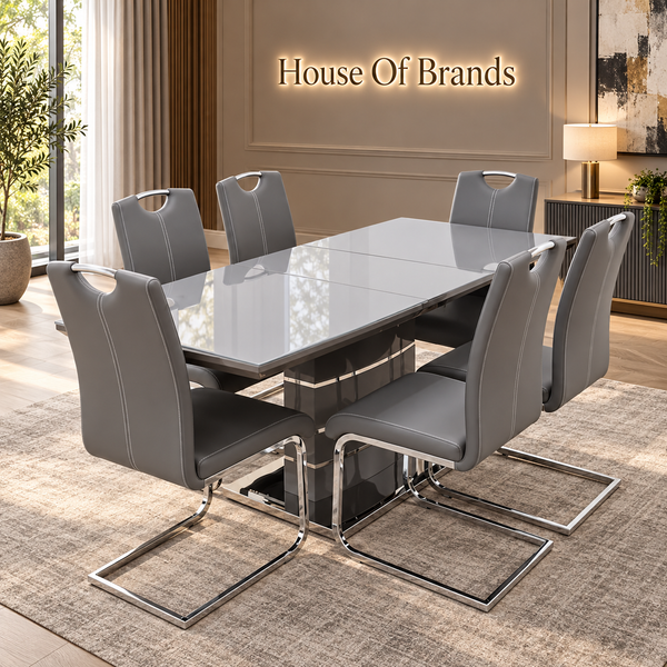 Grey Milan Extendable Dining Table with 6 Grey Leather Milan Chairs
