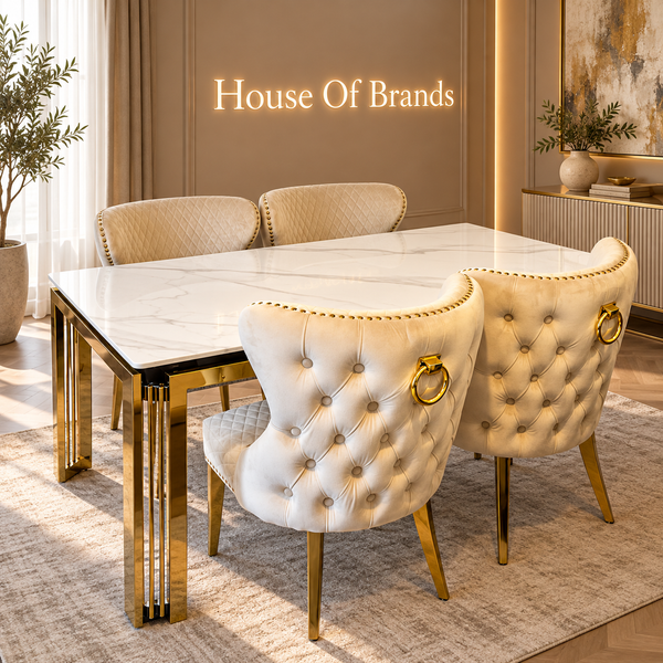 180cm Sorrento Rectangle Gold Ceramic Dining Table and Cream Valentino Gold Velvet Knockerback Dining Chairs