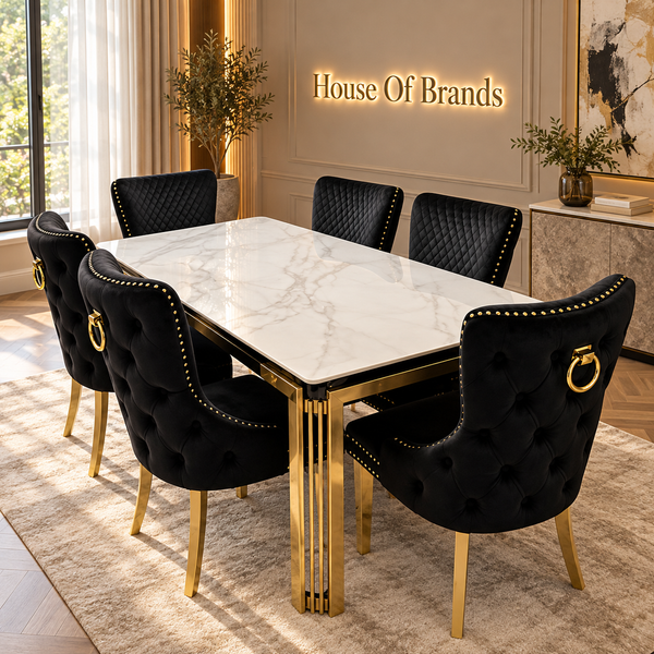 180cm Sorrento Rectangle Gold Ceramic Dining Table and Black Victoria Gold Dining Chairs