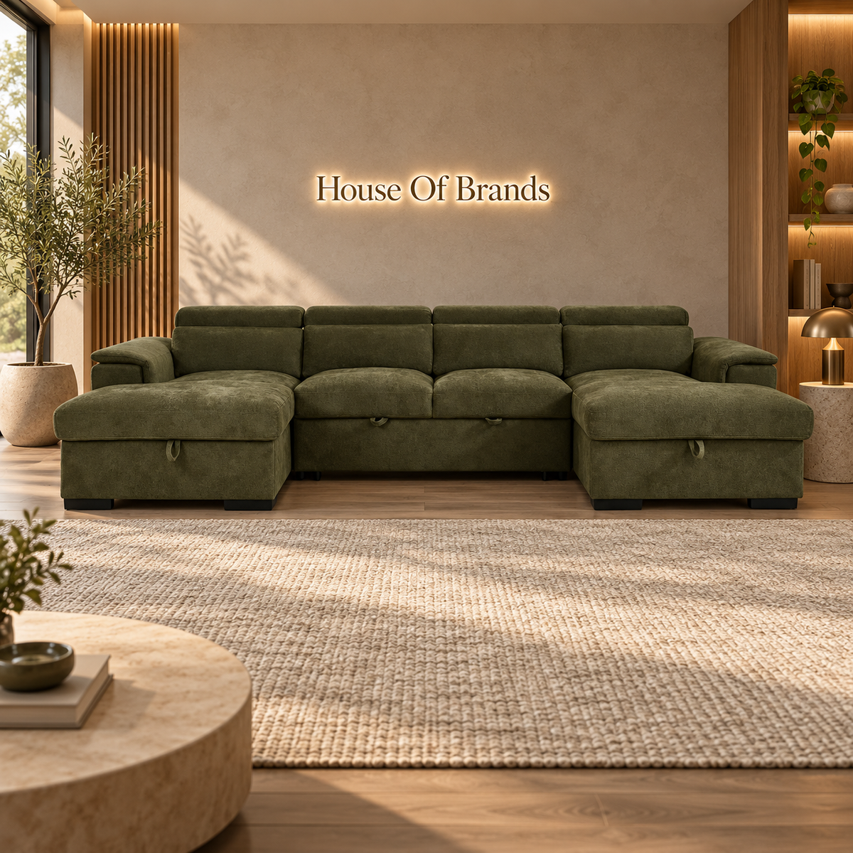 Luna Green Large U Shape Sofa Bed with Storage