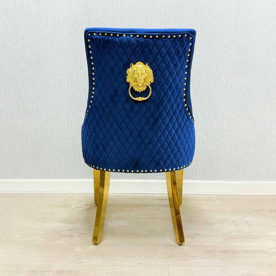 Majestic Blue & Gold Lion Knocker Quilted Tufted Plush Velvet Dining Chair