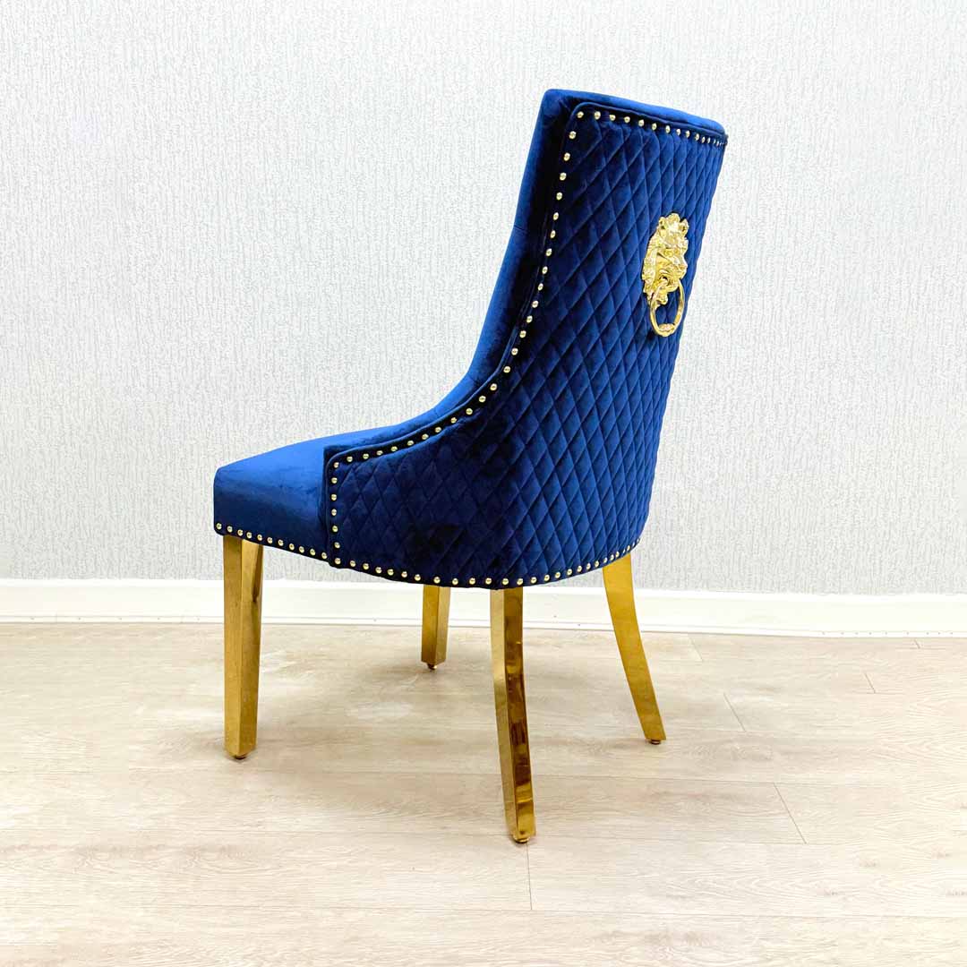 Majestic Blue & Gold Lion Knocker Quilted Tufted Plush Velvet Dining Chair