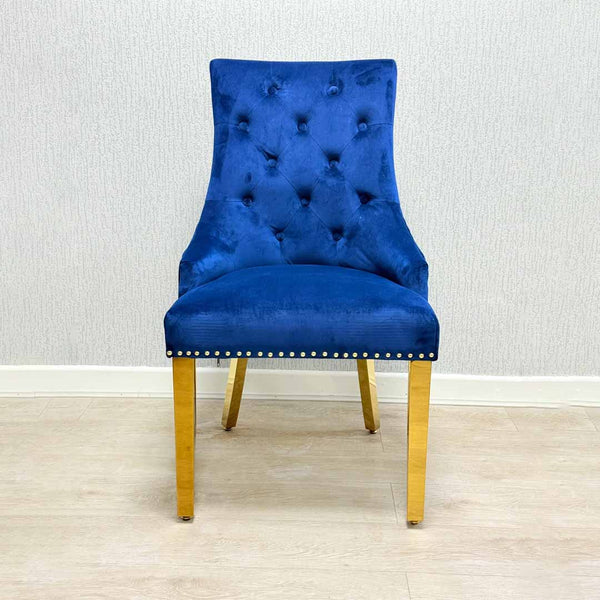 Majestic Blue & Gold Lion Knocker Quilted Tufted Plush Velvet Dining Chair