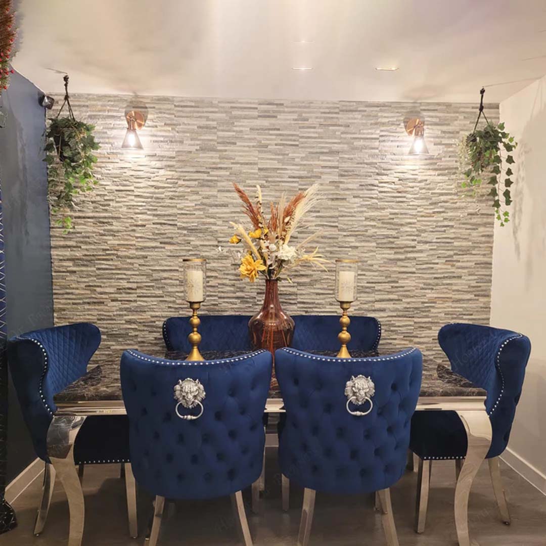 180cm Louis Marble Dining Table with 6 Valentino Velvet Knockerback Chairs
