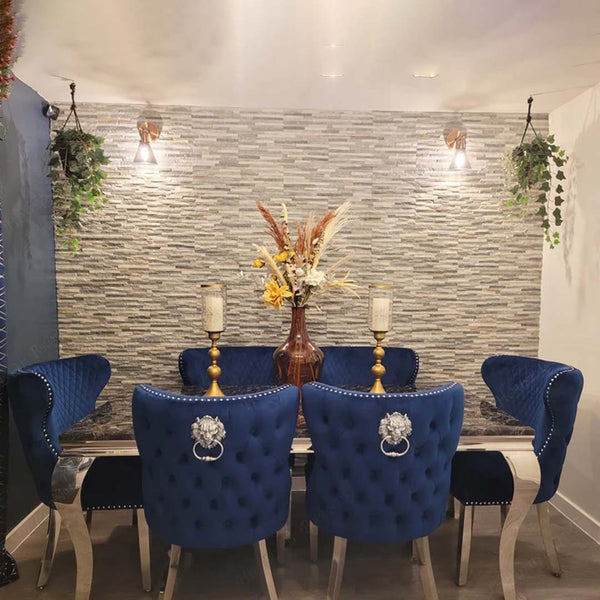 180cm Louis Marble Dining Table with 6 Valentino Velvet Knockerback Chairs