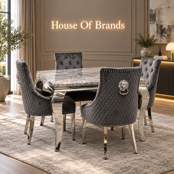 100cm Louis Marble Dining Table with 4 Majestic Knockerback Velvet Chairs
