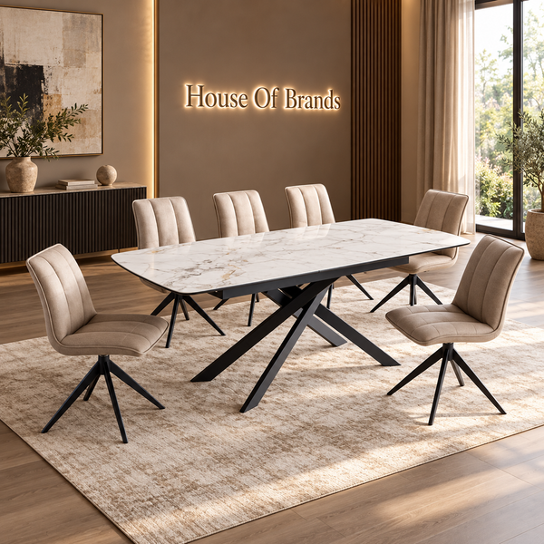 Luna 160–200cm Extendable Ceramic Dining Table Set with Luna Taupe Fabric Chairs – White Marble & Black Iron Legs