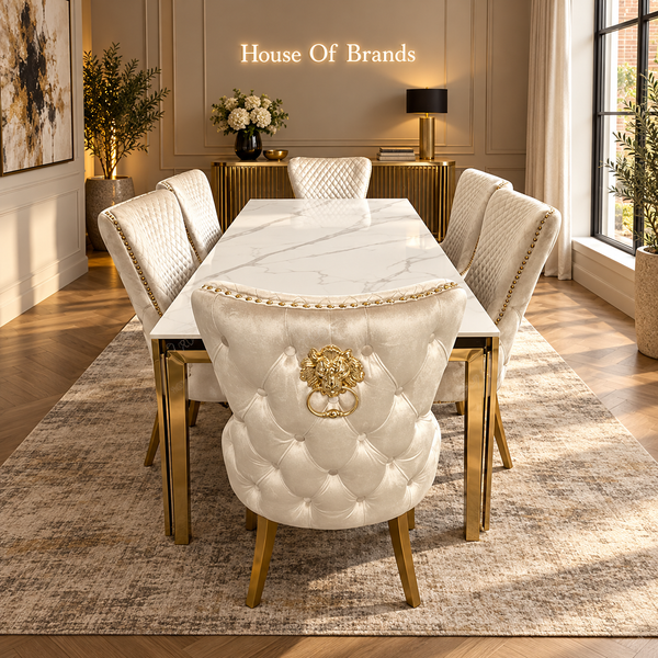 150cm Sorrento Rectangle Gold Ceramic Dining Table & Cream and Gold Victoria Gold Velvet Knockerback Chairs