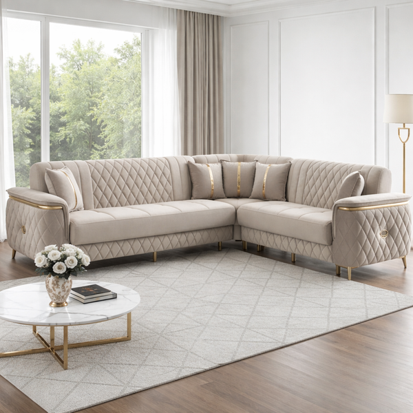 Milana Cream & Gold Corner Sofa Bed with Storage
