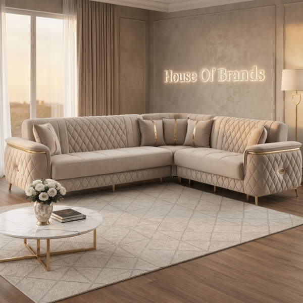 Milana Cream & Gold Corner Sofa Bed with Storage