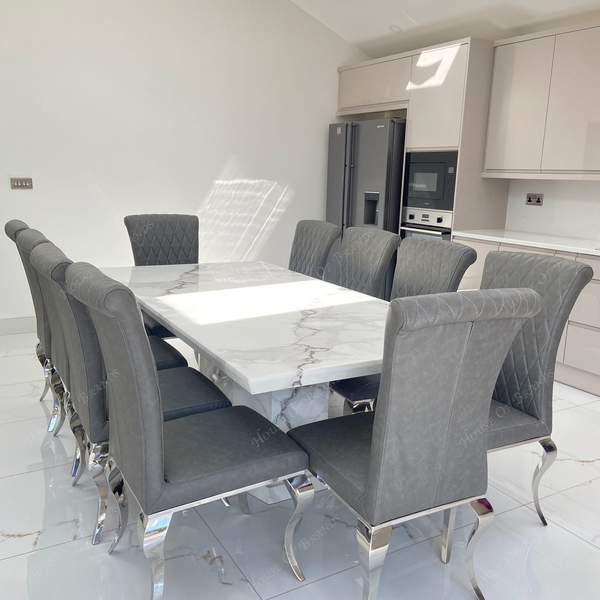200cm Naples White Marble Dining Table with 10 Nicole Grey Leather Chair