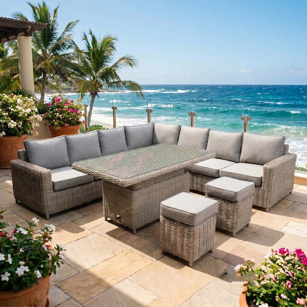 Nova Rattan Corner Sofa Dining Set with Adjustable Riser Table & Stools