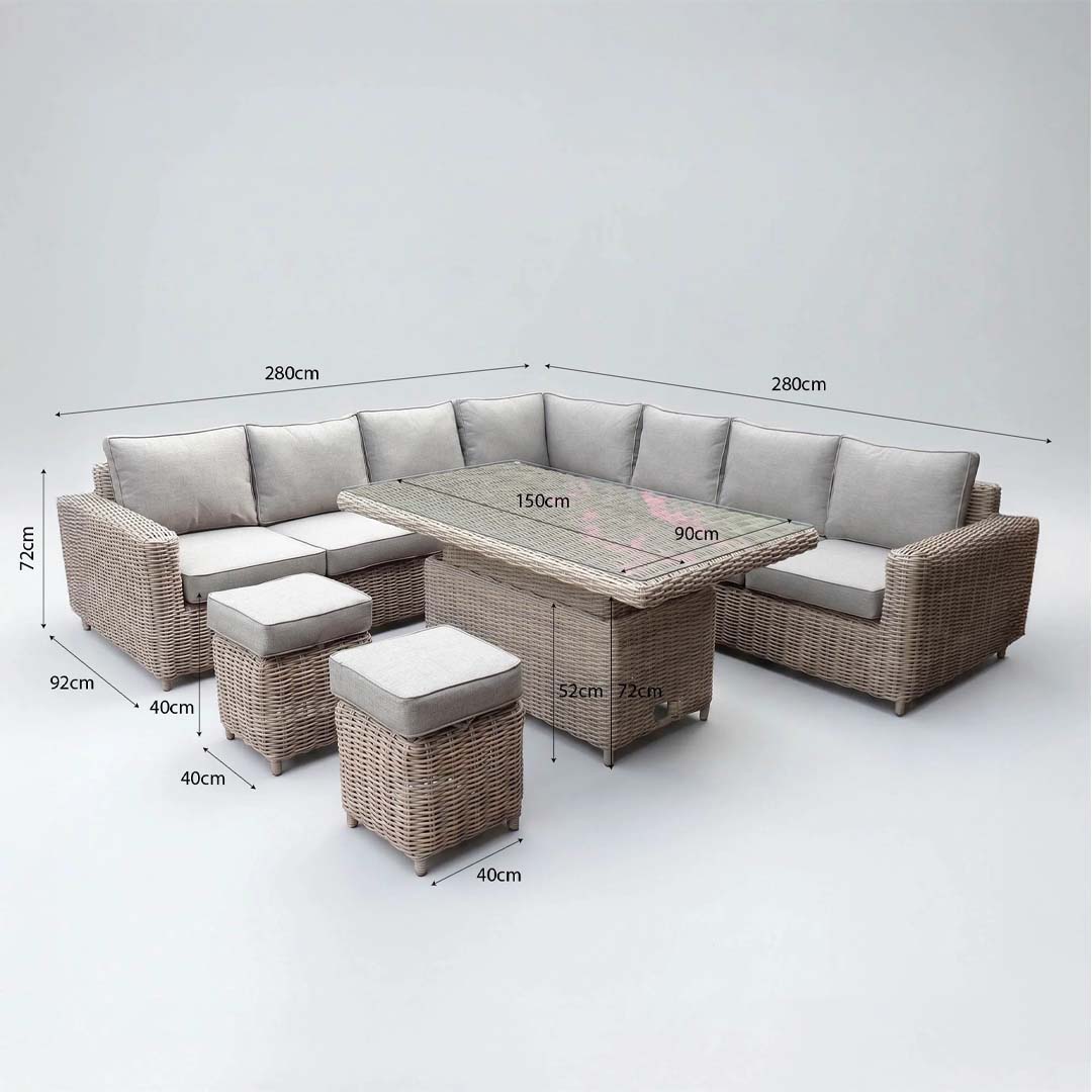 Nova Rattan Corner Sofa Dining Set with Adjustable Riser Table & Stools