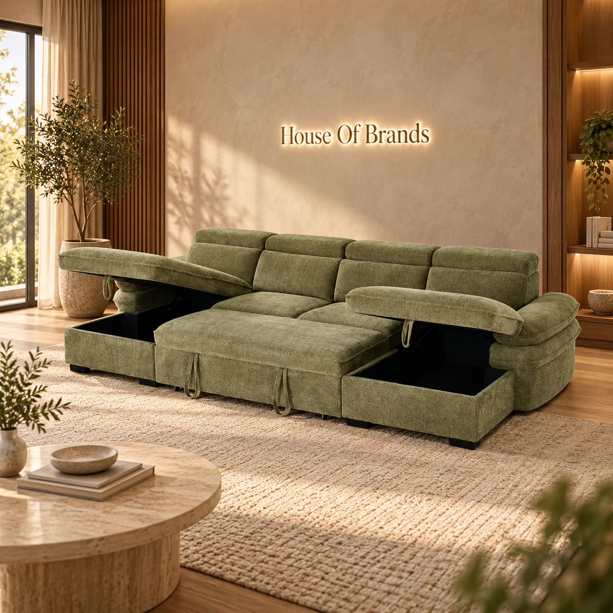 Billie Green Large U Shaped Sofa Bed with Lift Up Storage