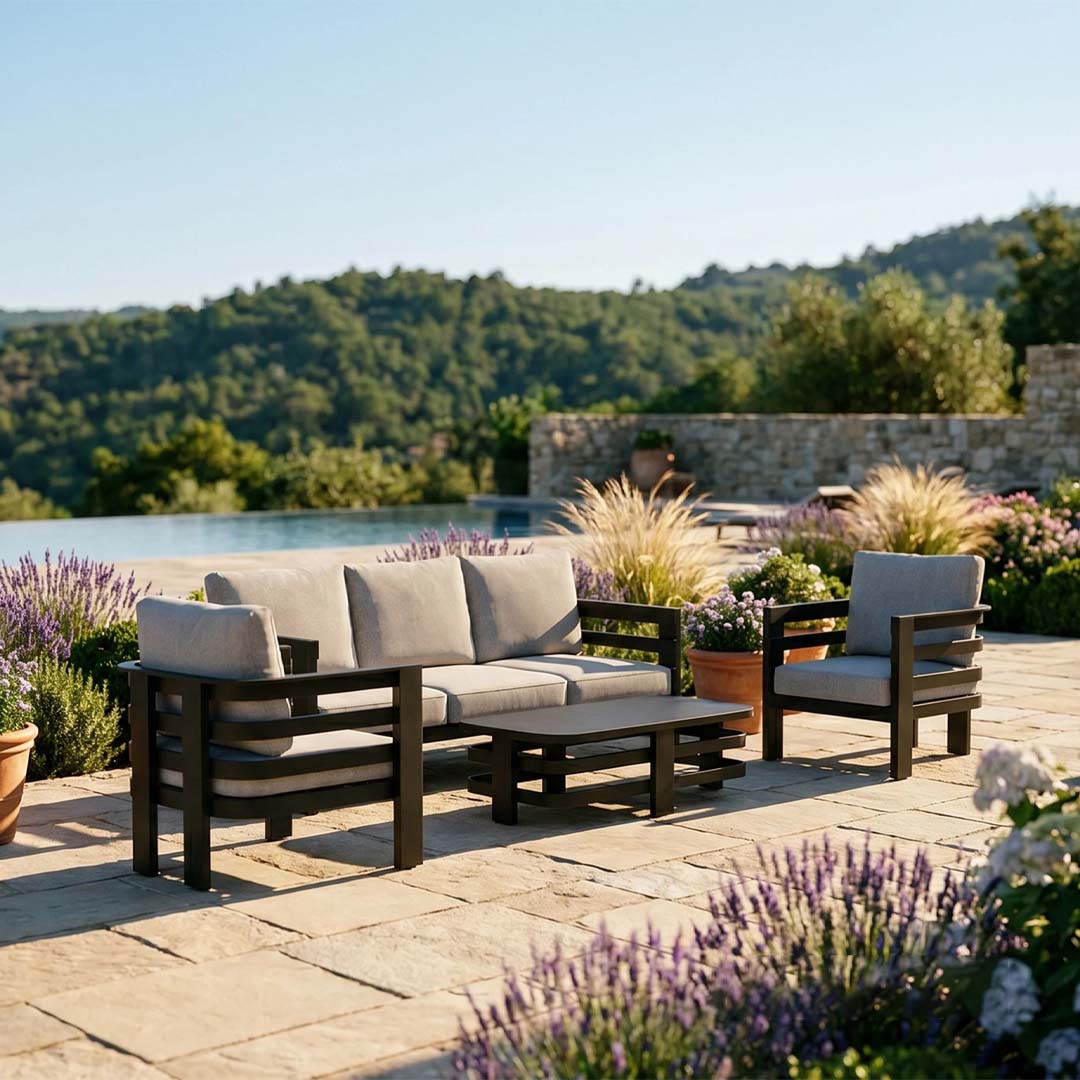 Onyx 5 Seater Aluminium Garden Sofa Set with Sintered Stone Coffee Table – Black Outdoor Lounge Furniture