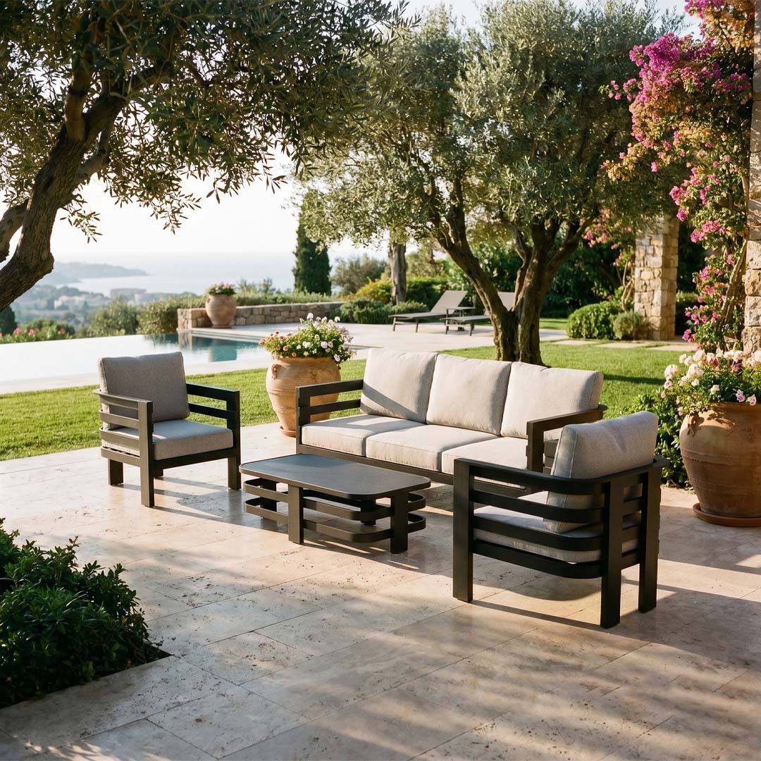 Onyx 5 Seater Aluminium Garden Sofa Set with Sintered Stone Coffee Table – Black Outdoor Lounge Furniture