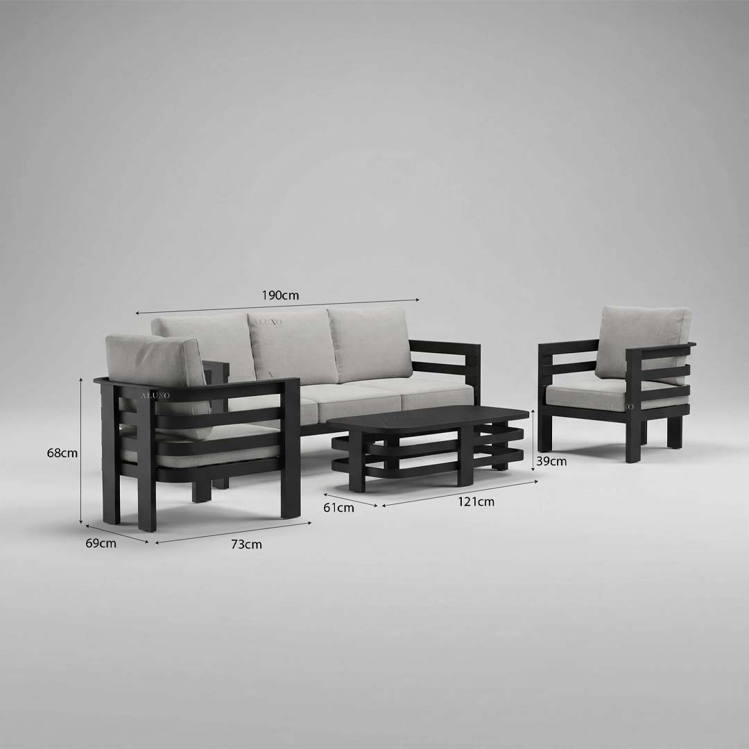 Onyx 5 Seater Aluminium Garden Sofa Set with Sintered Stone Coffee Table – Black Outdoor Lounge Furniture