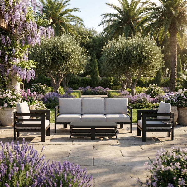 Onyx 5 Seater Aluminium Garden Sofa Set with Sintered Stone Coffee Table – Black Outdoor Lounge Furniture